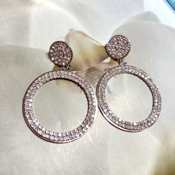 Silver Tone Rhinestone Circle Earrings - Picture 4 of 6